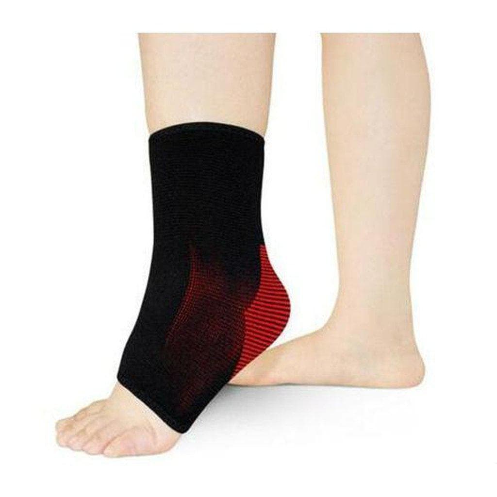 Essential Wellness breathable ankle compression sleeve in black and red
